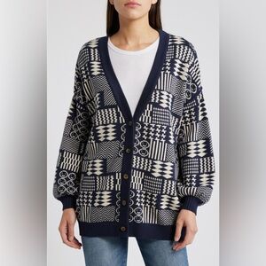 CLEOBELLA Feliz Patchwork Jacquard Oversized Cardigan In Blue White NWT Small